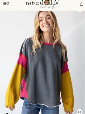 NATURAL LIFE Knit Trim Oversized Sweatshirt Pullover L/XL
